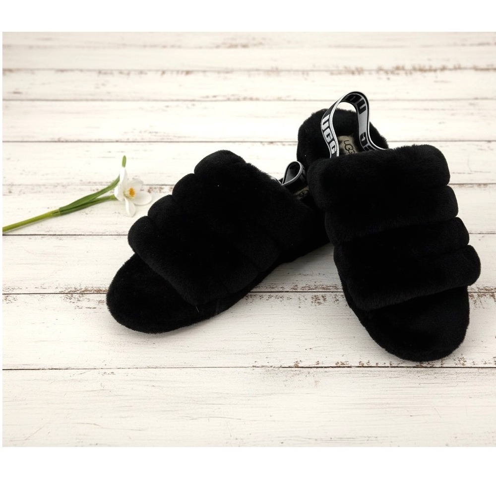 UGG Fluff Yeah Slide Black Women's Size 9 Fuzzy Slingback Sandals Cozy Y2K‎